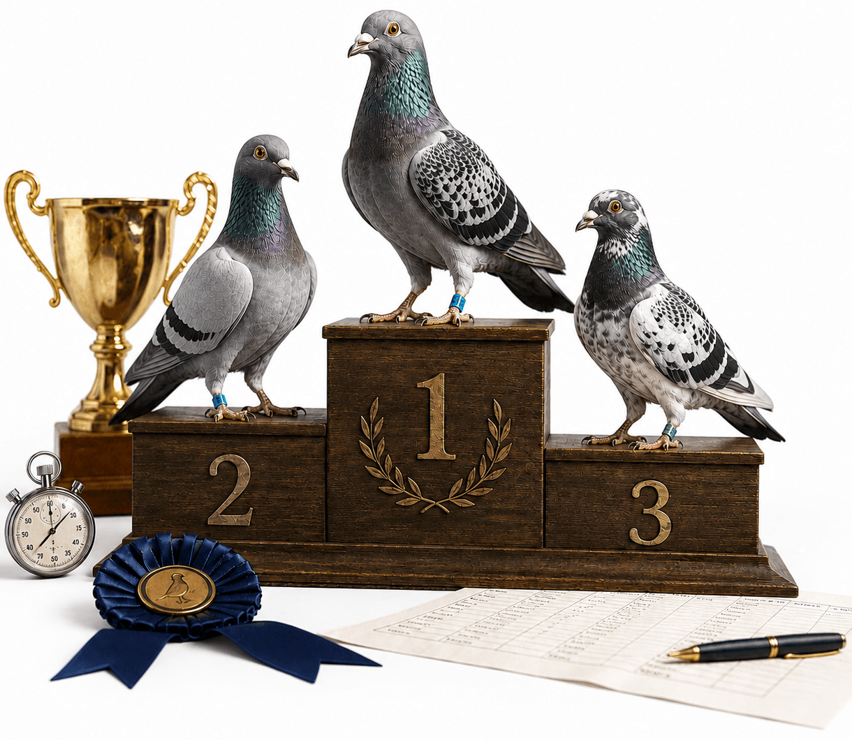 Pódio de premiação com três pombos-correio colocados nos blocos 1, 2 e 3, com troféu, cronômetro, roseta e folha de resultados de prova.